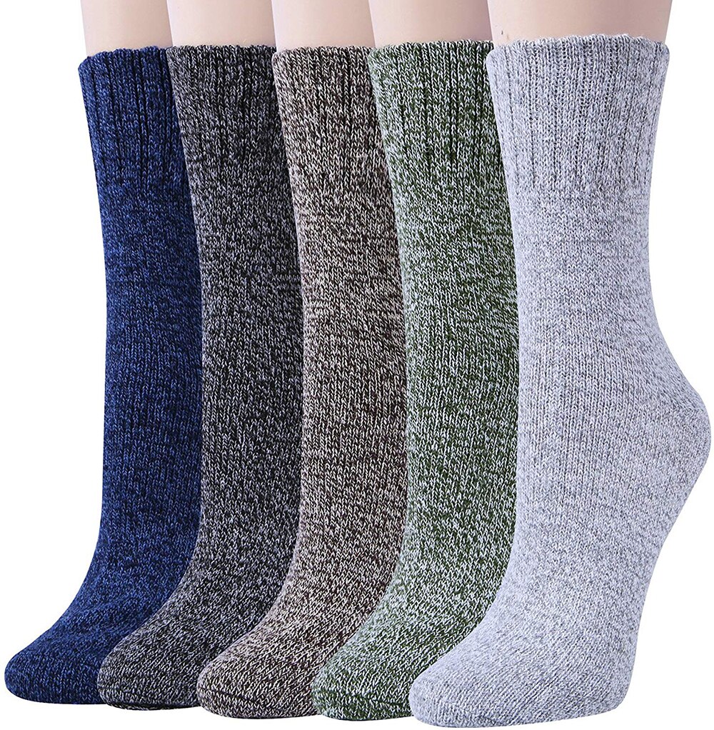 5Pairs Outdoor Sports, Running Womens Wool Socks Winter Warm Vintage Thick Knit Wool Cozy Crew Socks