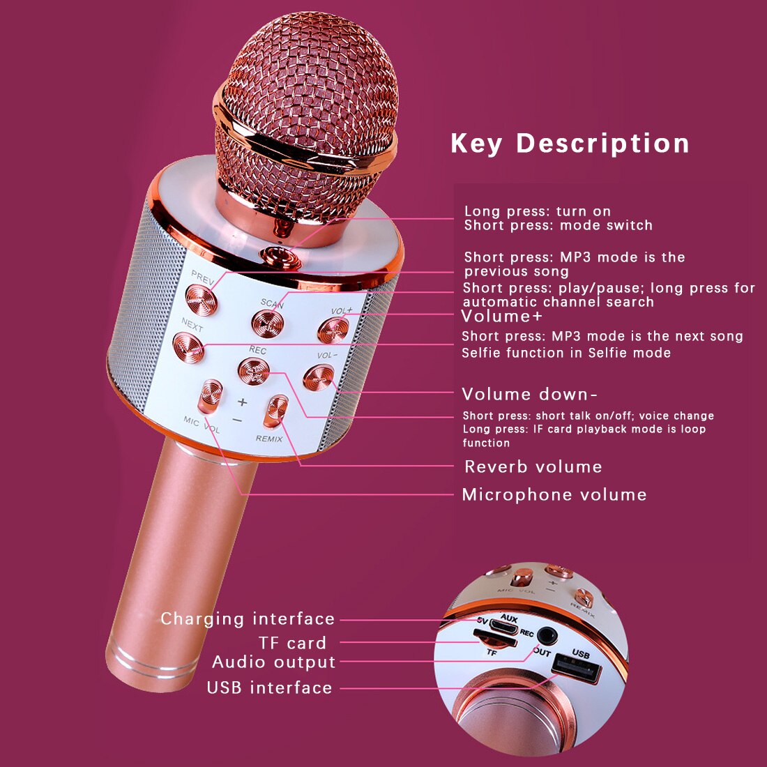 WS858 Wireless Bluetooth Microphone Condenser Microphone Karaoke Mic Radio Studio Recording Mic with LED Light