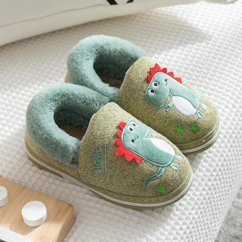 Pantoufles d'hiver pour enfants, en coton dinosaure, chaussures d'intérieur pour bébés, douces, antidérapantes, chaudes: Green / 11,5