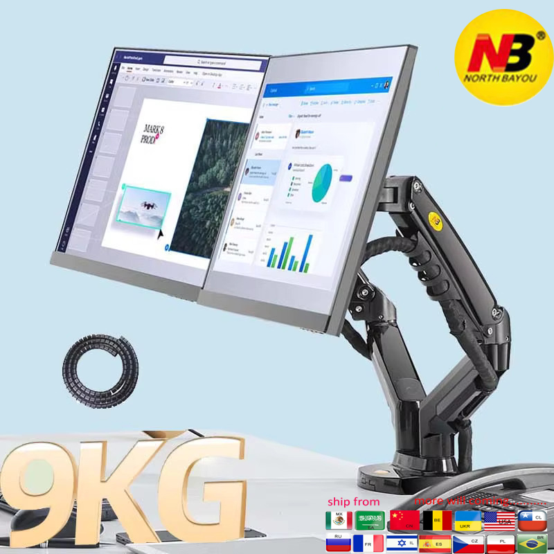 NORTH BAYOU F160 resorte de gas de 17 "-27" soporte de escritorio de doble monitor 2-9kg brazos dobles movimiento completo girar inclinación 10-90mm abrazadera