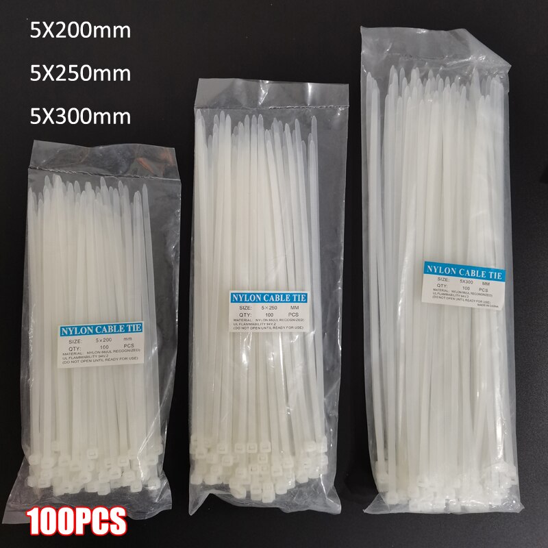 100pcs nylon cable tie Self-locking plastic tie White Organiser Fasten Cable Wire Cable Zip Ties Hose clamp 5x200/250/300MM