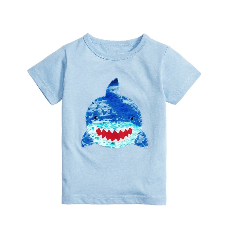 Camiseta con dibujo de dinosaurio tiburón para niños, ropa con lentejuelas, cambio de Color, verano,