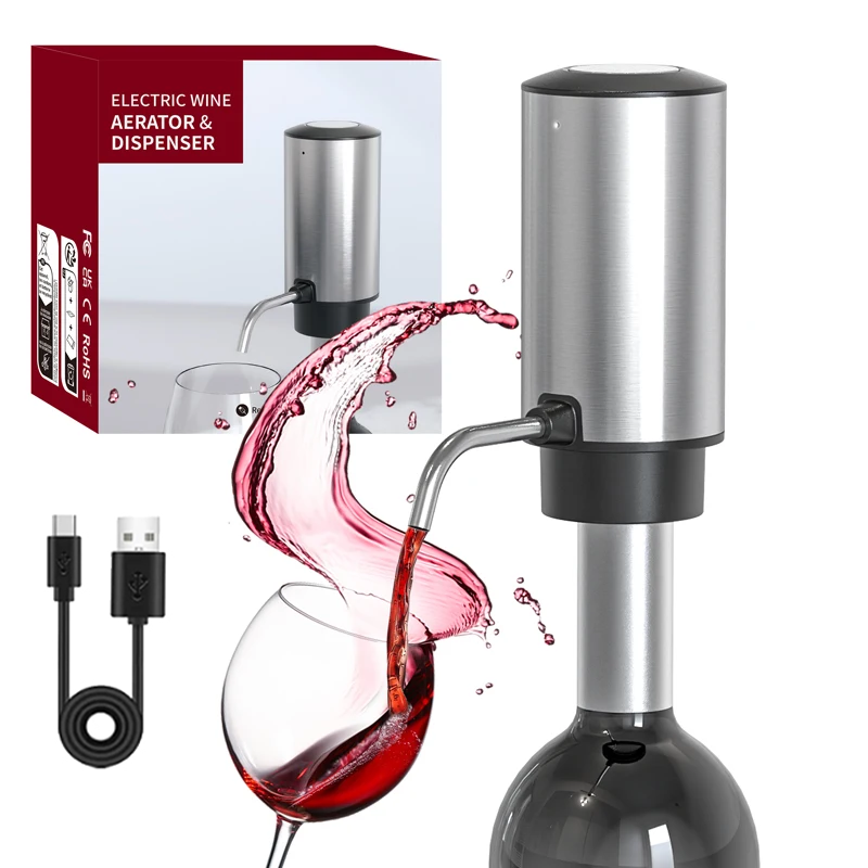 Juego de abridor de vino eléctrico USB con decantador eléctrico y aireador, abridor de botellas de vino recargable de acero inoxidable para amantes del vino: Negro