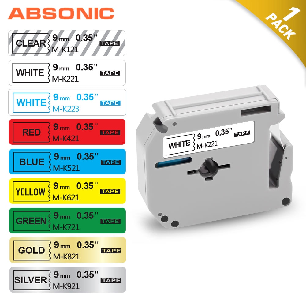 Absonic 8 Color 9mm Label Tape MK-121 MK-221 MK-421 MK-521 MK-621 Printer Ribbon Black on White For Brother Ptouch PT-80 Label M