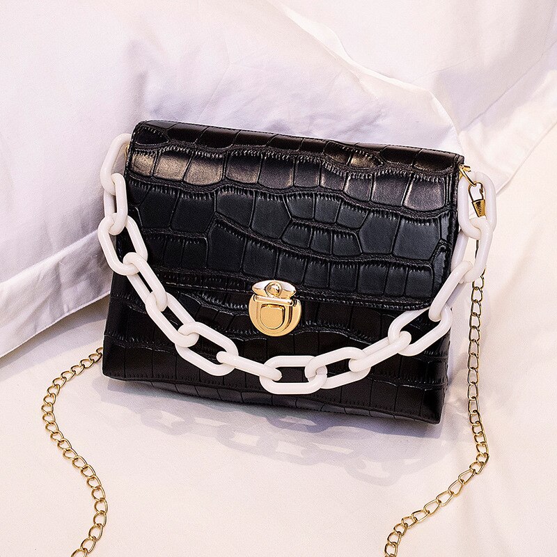 Lässige kleine schultertaschen mit alligatormuster für damen, große ketten, Bote-Tasche, handtasche, crossbody-handtasche, süßes täschchen: Schwarz