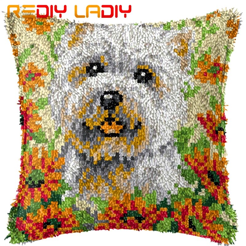 Latch Hook Cushion Kits White Puppy Printed Canvas Acrylic Yarn Crochet Pillow Case Sofa Cushion Cover Bed Pillow Hobby &amp; Crafts: BZ733