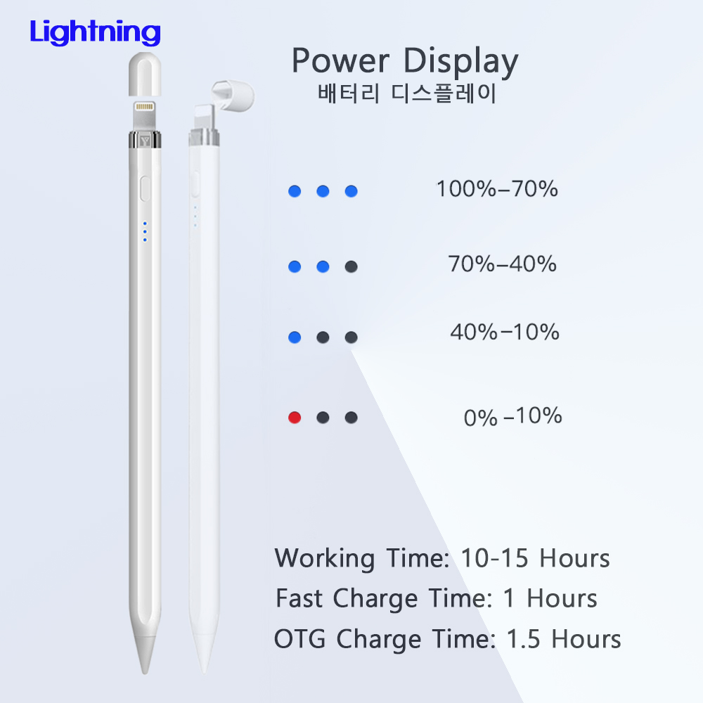 Peilinc OTG Pencil Stylus Pen for iPad Pens for Apple Pencil 2 1 Battery Display Reminder Tilt Palm Rejection 애플펜슬: OTG Lightning