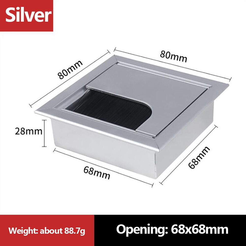 1PC Aluminum Alloy PC Desk Rectangle Wire Cable Office Table Hole Cover Outlet Port with Black Brush Cable Organizer: Silver-80x80mm