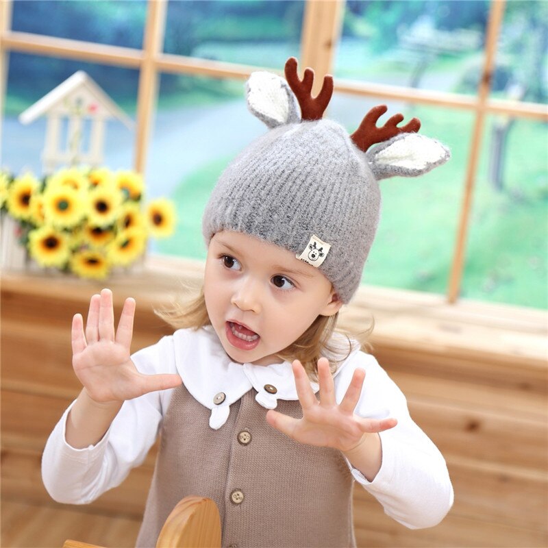 Gorrito de Reno para bebé, sombrero tejido al Crochet suave y cálido, de Navidad para niños y niñas: Gris