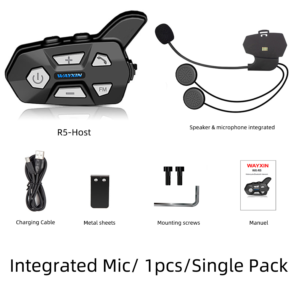 WAYXIN Helmet Headsets Support 1200M 2 person Intercom 1Pcs R5 Motorcycle Headsets FM Wireless Intercomunicador Interphone: Integrated Mic 1PCS