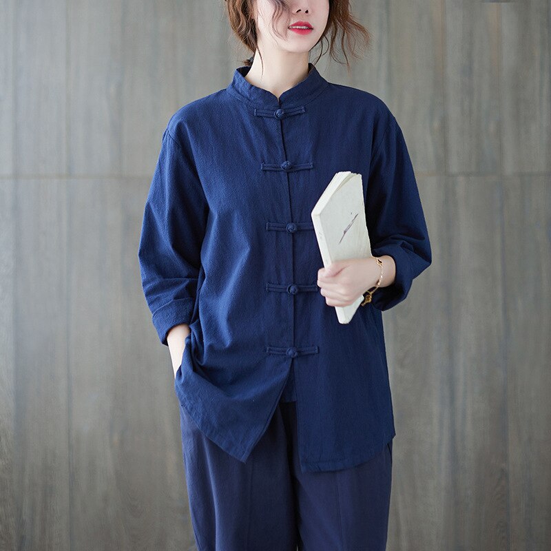 Chemise Longue Femme Style Chinois - Col Montant, En Lin/polyester, Grande Taille, Coupe Asymétrique