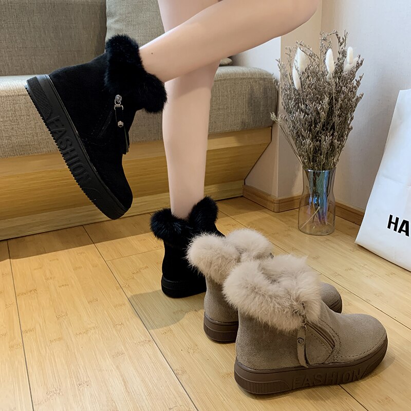 Vinterstøvler dame varme plus kashmir støvler læder diagonal lynlås dame ankelstøvler i bomuld om vinteren  u15-18