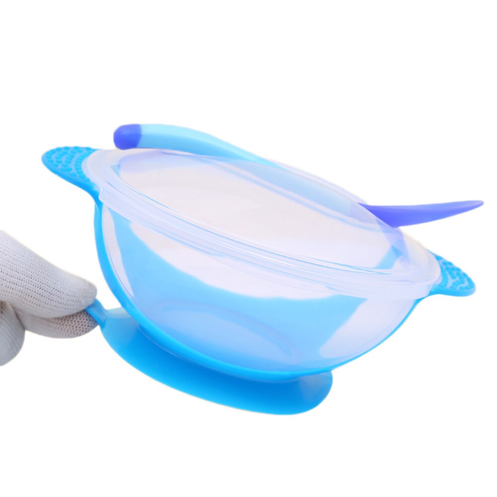 Cuenco de succión para bebé con sensor de temperatura, platos de entrenamiento, platos de alimentación de bebé, bandeja con tapa para bebé: Azul
