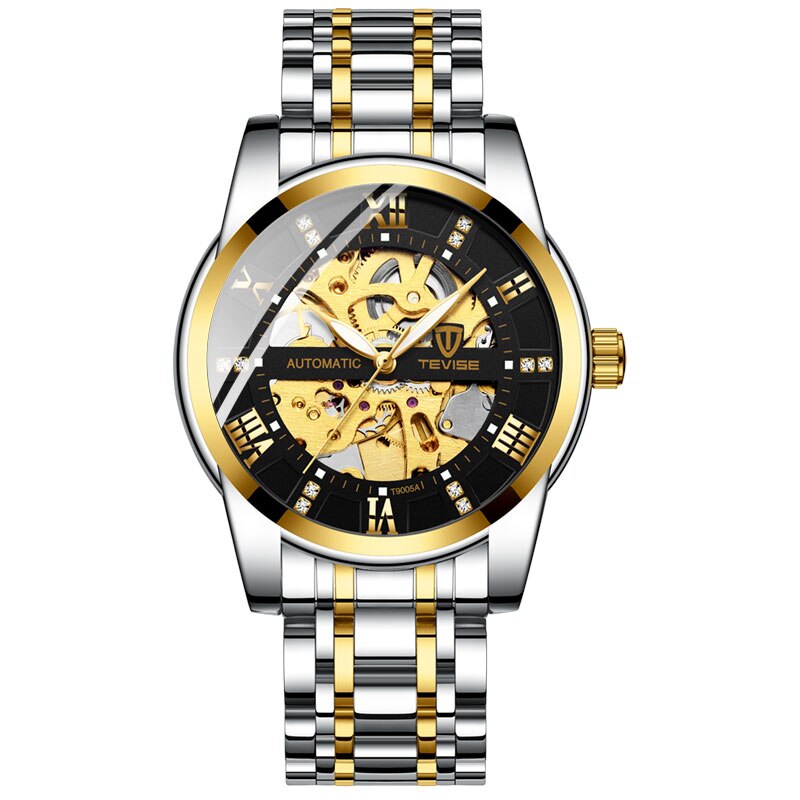 Top Luxe Mens Automatische Horloges Mannen Roestvrij Staal Skeleton Mechanische Horloge Cadeaus Voor Mannen: gold black