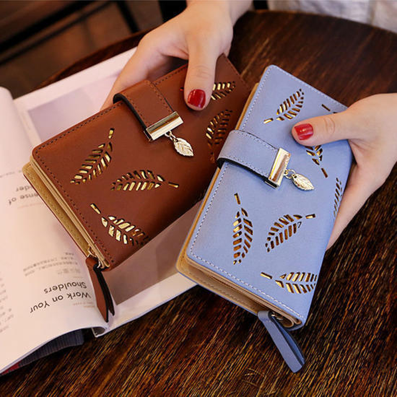 Women's Wallet PU Leather Purse Lady Girl Female Long Wallets Hollow Leaves Coin Purse Card Holder Clutch