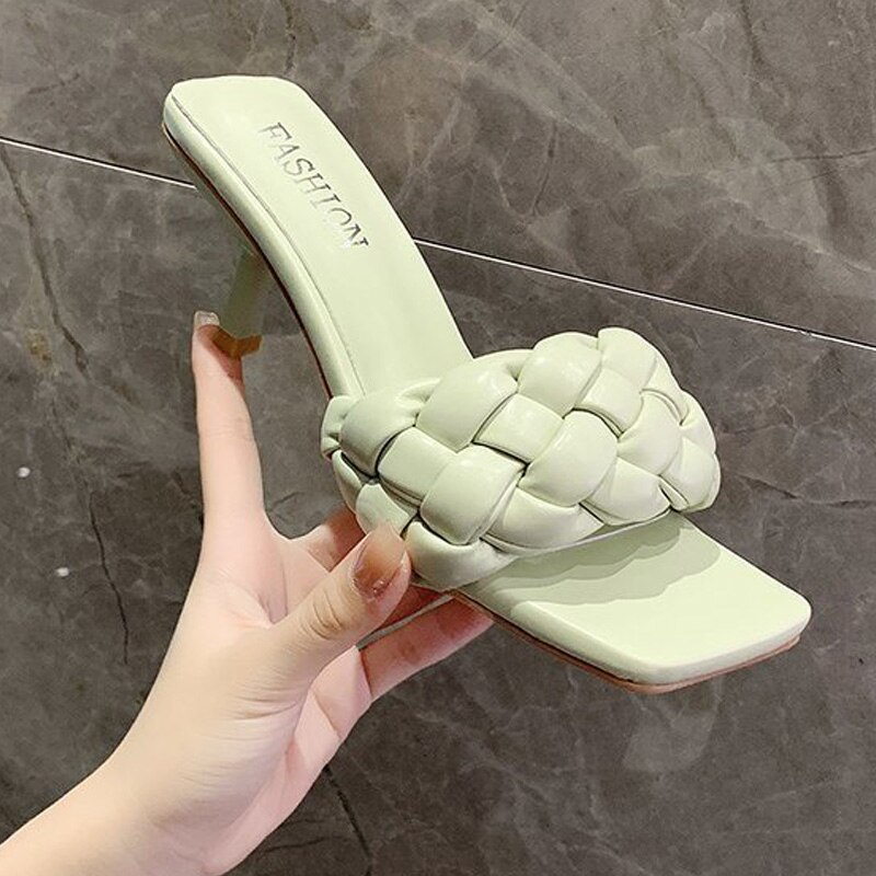 Dames Dunne Hakken Slippers Dames Zomer Slippers Pu Leer Vrouwelijke Waterdichte Mid Hakken Schoenen Vrouw Vierkante Teen Schoen
