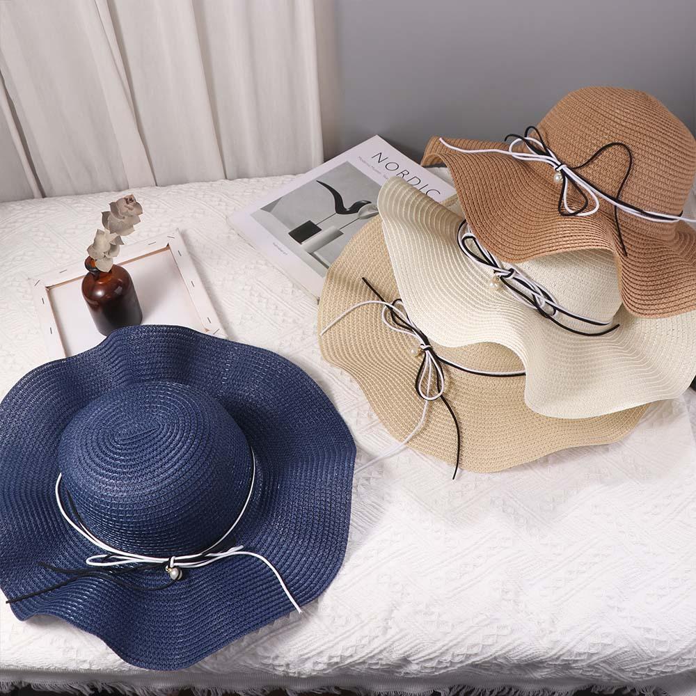 Trendy French Style Pearls Strap Straw Hat Wide Brim Beach Folding Straw Hats Spring Summer Travel Women's Sun Hat Girls