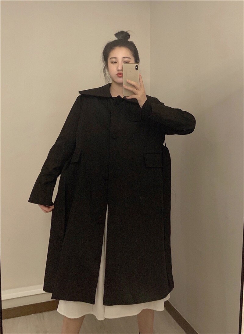 Sungtin – Trench-Coat noir ample et surdimensionné pour femme, manteau à manches longues décontracté et pour le bureau, couleur unie, vêtement d'extérieur pour petit ami: Black