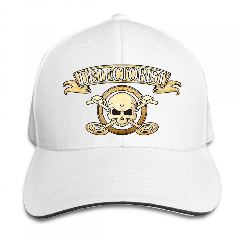 Men detectorist skull & crossbones Metal detector Treasure hunter 2 sided cotton badge Baseball cap men women Trucker Hats: 2-White