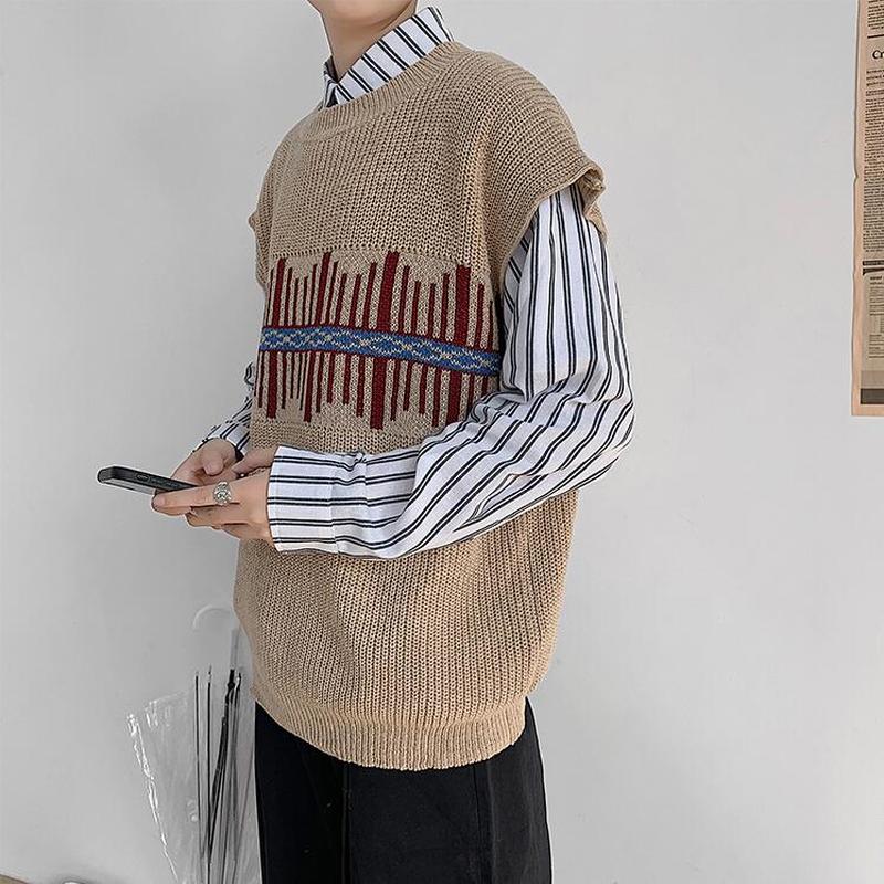 Mannen Trui Vest Print Losse Gebreide Harajuku Eenvoudige Lente Herfst Mannetjes Leisure Chic Trendy Uitloper Koreaanse Stijl Mode