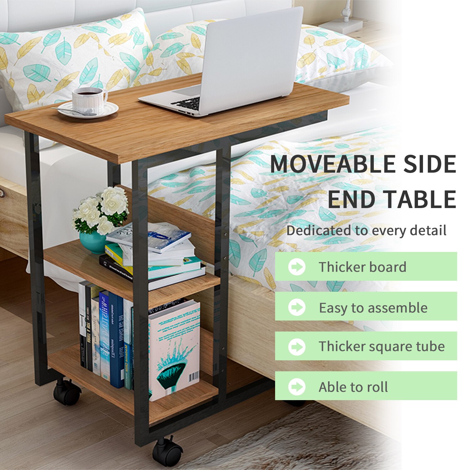 3-Tier Storage Table Mobile Laptop Side Table Tray for Sofa Bed Couch C-Shaped Table Desk Rolling Casters with Brakes Side Table