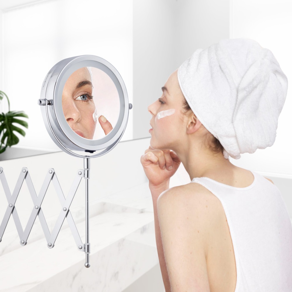 ANHO Bath Led Makeup Mirror 6 Inch 1X/5X Arm Magnification Wall Mounted Adjustable Cosmetic Mirror Dual Arm Extend 2-Face Mirror