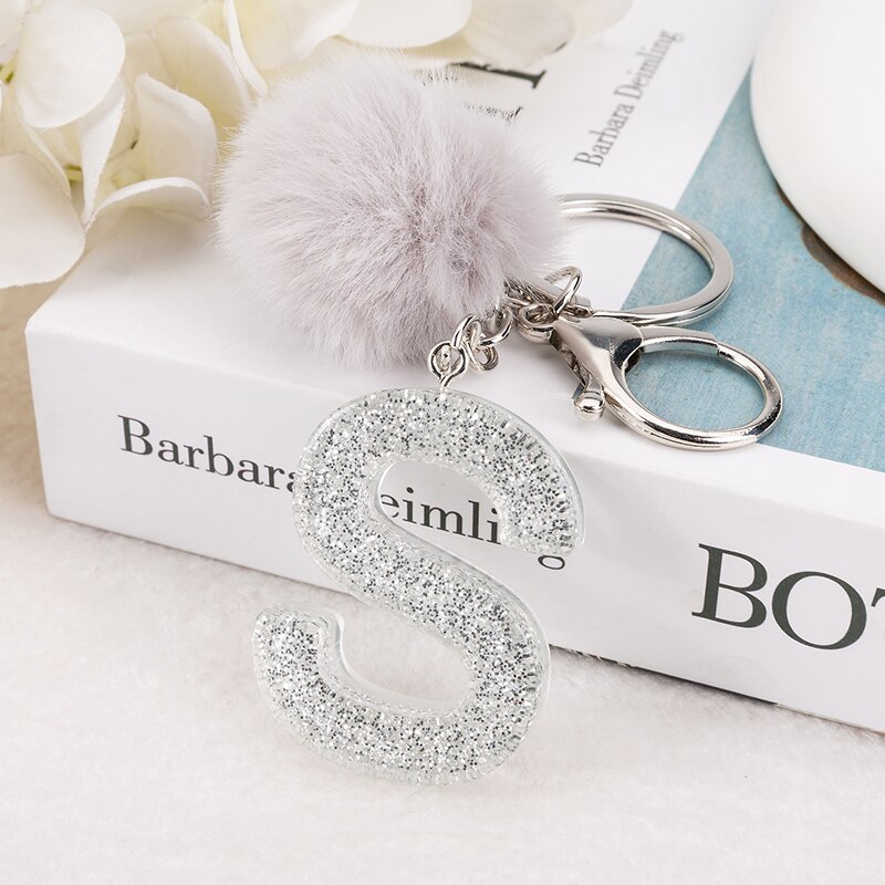 1 PC Sleutelhanger Zilver Kleur Engels Brief Sleutelhanger met Puffer Bal 26 Engels woord Glitter Hars A TOT Q Handtas bedels voor Vrouw