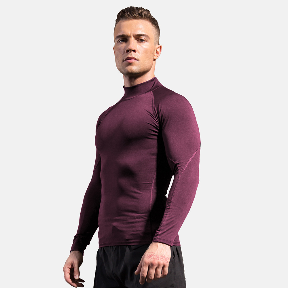 Herren-Kompressionshemden mit Stehkragen und langen Ärmeln, kühl, trocknend, Sonnenschutz, Sport-Strumpfhosen, Unterhemden, Lauf- und Fitnessstudio-Spitzen