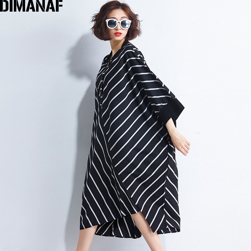 Dimanaf kvinder sommerkjole plus size femme dame vestido løs stort stort tøjprint stribet sort afslappet kjole med flagermusærmer