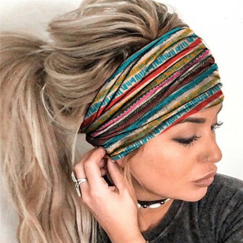 Boho fleur imprimé larges bandeaux Vintage noeud élastique Turban bandeau pour femmes filles coton doux Bandana cheveux accessoires: WHITE