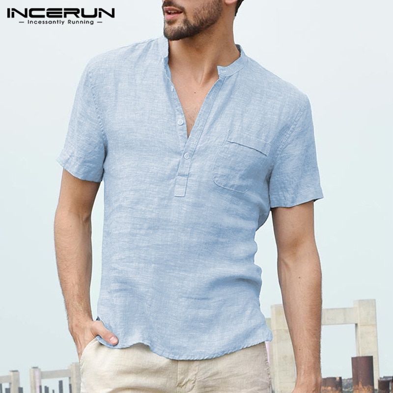 Incerun sommer fritidsskjorter for menn kortermede v-hals basic bluse casual løse tynne topper menn pluss størrelse s -3xl