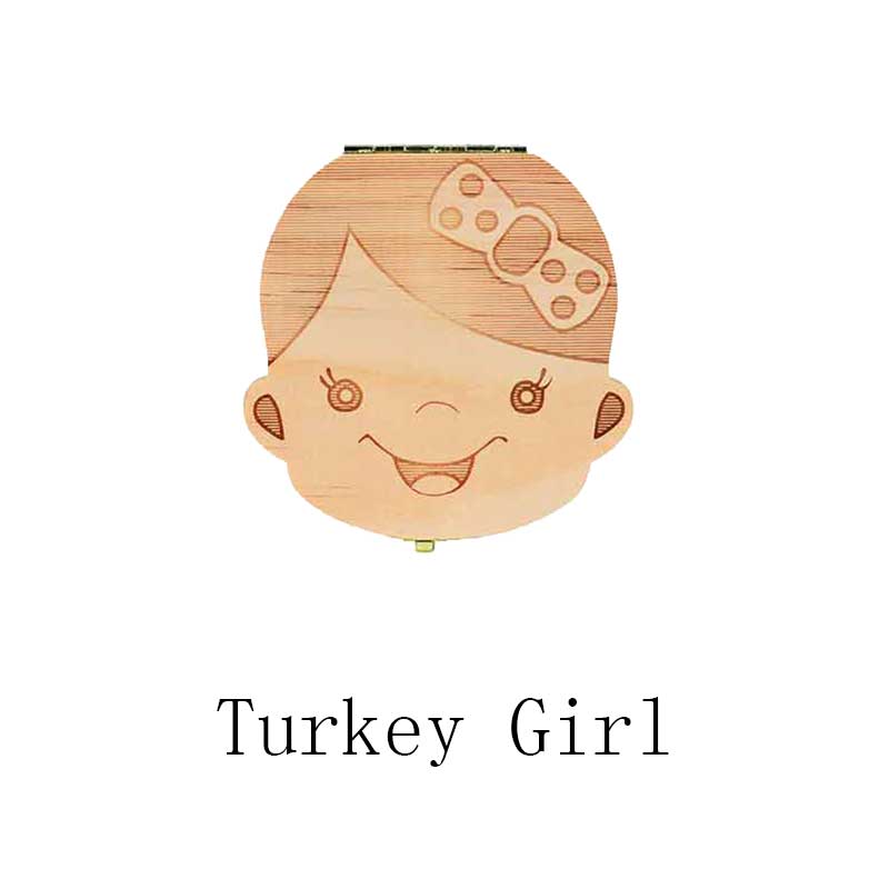 Baby Tand Doos Spaans/Engels/Nederlands/Russisch/Frans/Italiaans Houten Melk Tanden Organizer Opslag Jongens meisjes Baby Souvenirs: turkey girl
