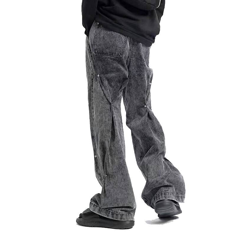 Pantalones vaqueros con remaches para hombre, vaqueros con botones lavados, urbana americana, pantalones vaqueros sueltos informales de Hip Hop, pantalones vaqueros acampanados