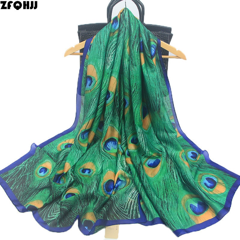 Zfqhjj kvinder luksusmærke chiffon silketørklæde grøn påfugl fjerprint langt sjal stort pashmina wraps hunfoulard 180 x 90cm