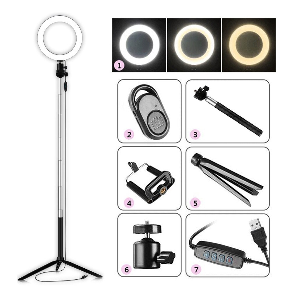 5 in 1 LED ring light 20 cm dimmable USB light for photography camera studio makeup telescopic tripod selfie frame