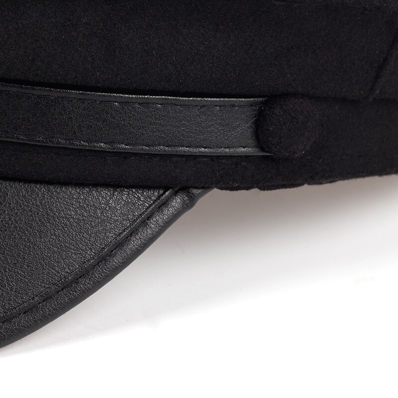 Boina de lana con vosor para hombre y mujer, gorro cálido de cuero azul marino para viajes al aire libre, invierno,