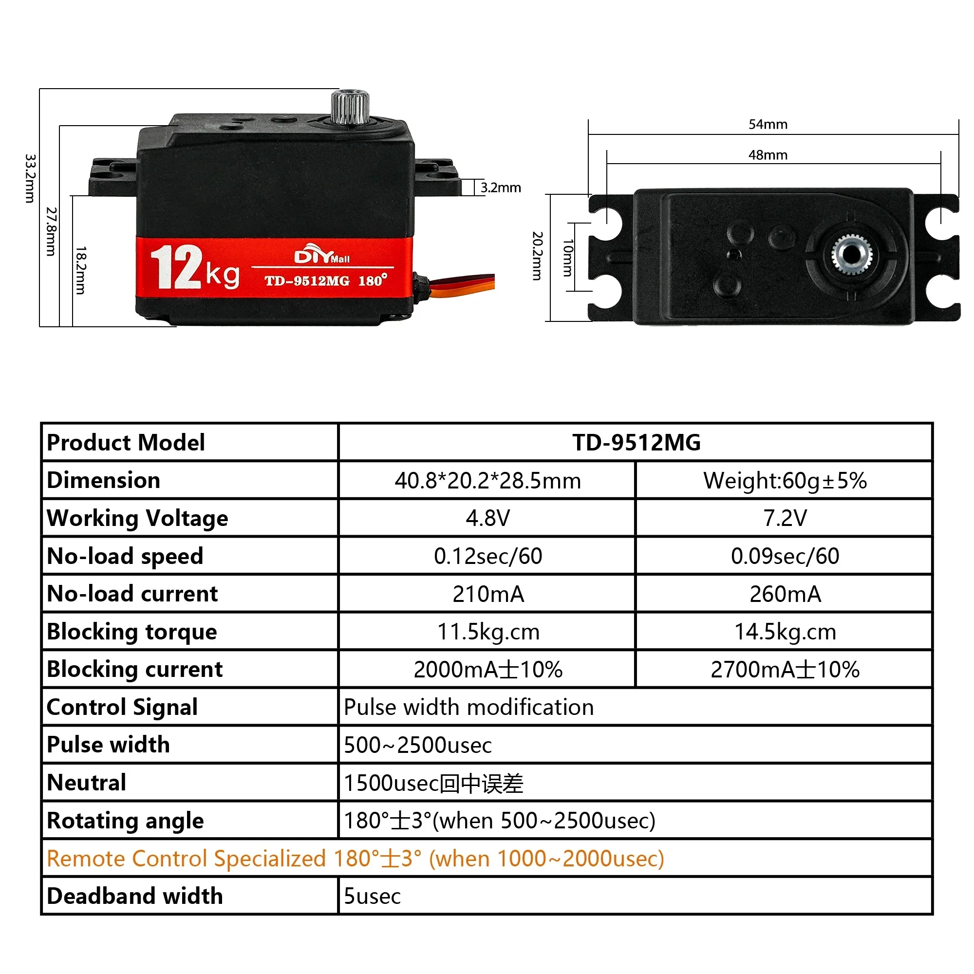 Servo numérique semi-métal TD-9512MG, 12KG, 4.8v-7.4v, mécanisme de direction 180/270/360 degrés pour voiture RC 1:8 1:10, voitures à dérive, coureur plat