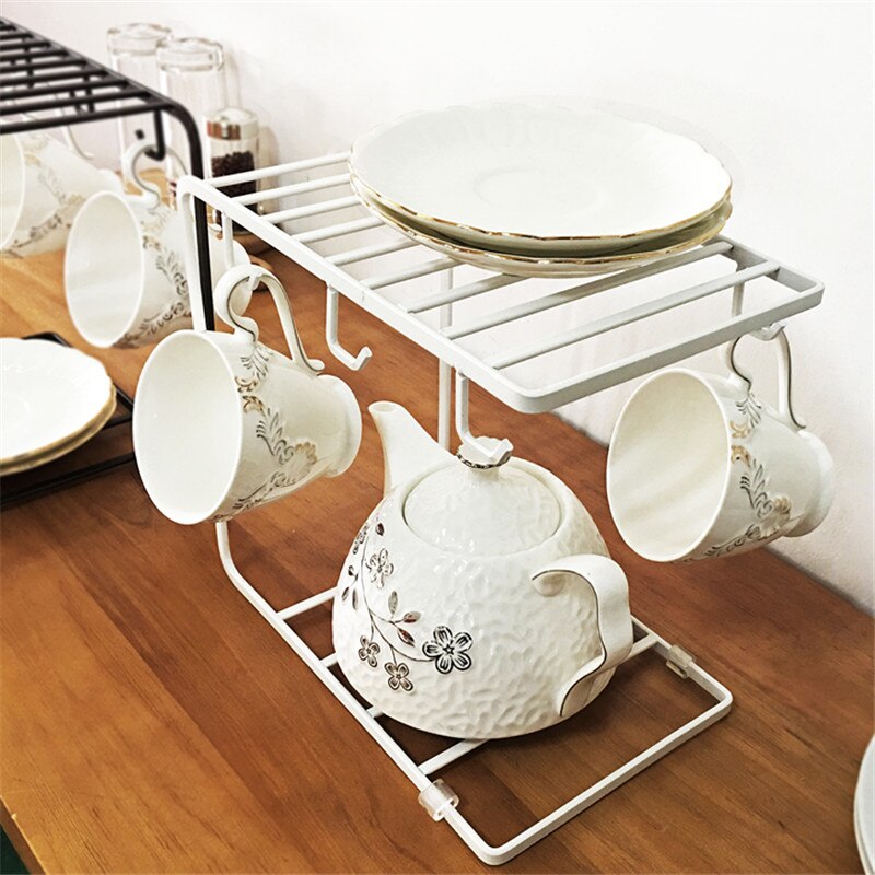 2 Tier Tea Coffee Cup Holder Kitchen Mug Dish Multi-functional Drying Storage Racks with 6 Hooks