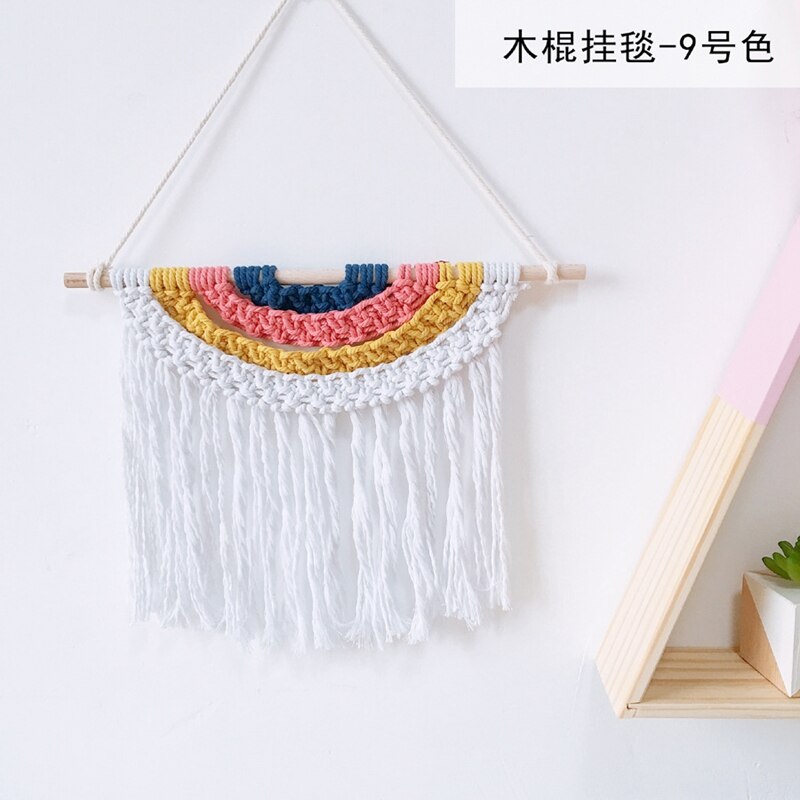 Babykamer macramé gebreid wandkleed met kwastje bohemian handgemaakte gevlochten regenboog houten wandhanger kunst kinderkamer boho decoratie: 09