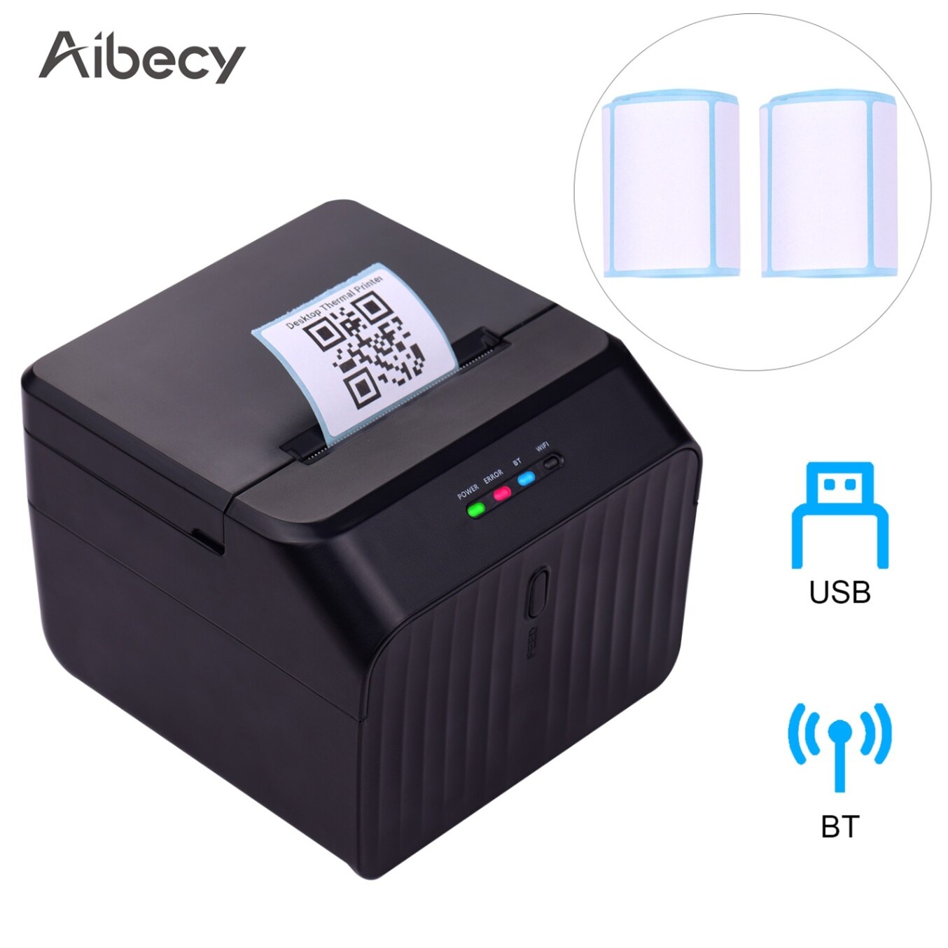 Desktop 58mm Thermal Label Printer Wired Barcode Printer USB BT Connection with 2 Rolls Paper Inside Support ESC/POS Command: USB BT Connection / UK Plug