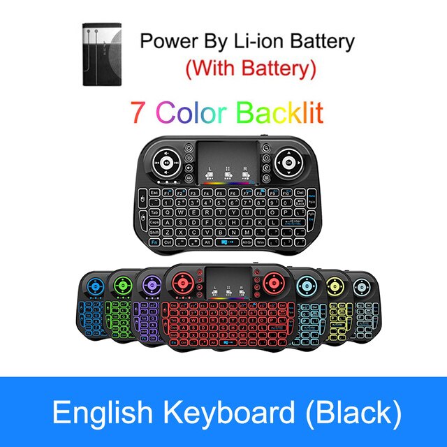 I10 Arcobaleno mini tastiera retroilluminata inglese 2.4G senza fili aria topo toccabile per androide TV scatola desktop Touchpad PC VS i8: English con batteria
