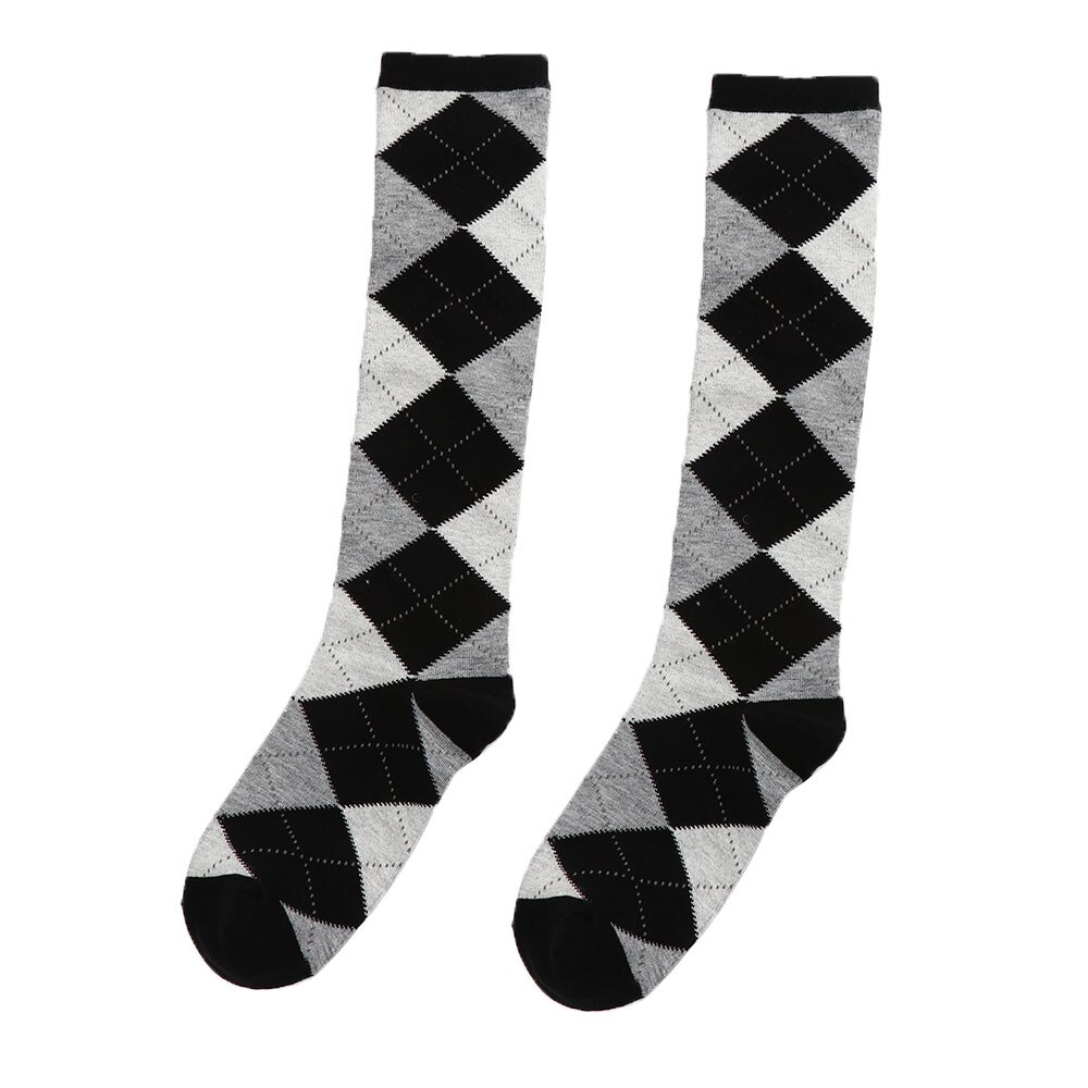 Girl JK Knee High Socks Stockings College Rhombus Plaid Knee Socks Women Keep Warm Female Sock Ladies Long Socks: B-black