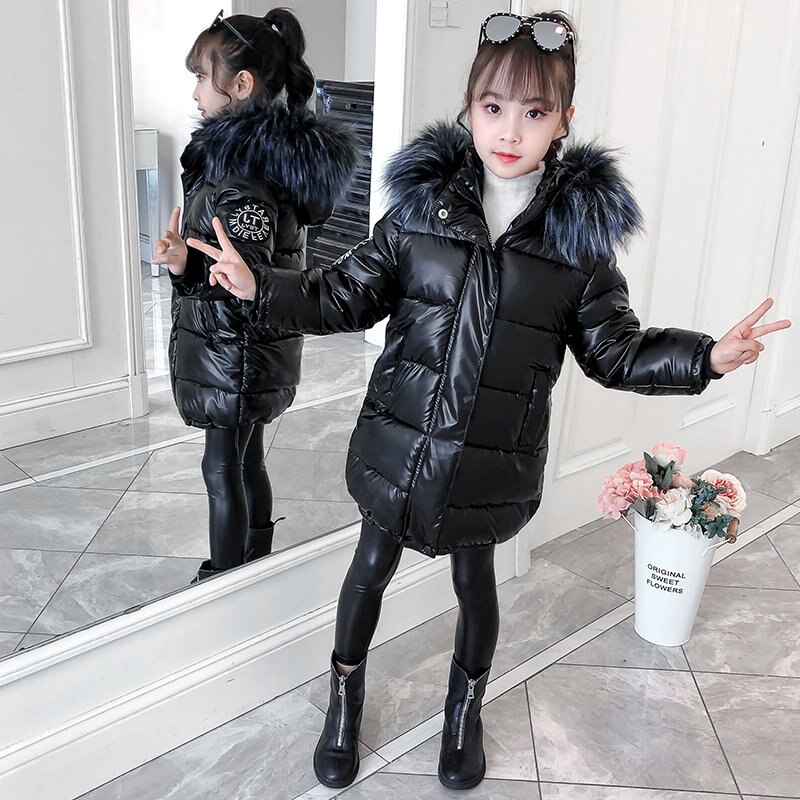 Drenge pige vinter parka jakke frakke med pels hætte luksus bomuldspolstret pige overtøj 4-13 år børn vandtæt hættetrøjer outfit: Sort / 13