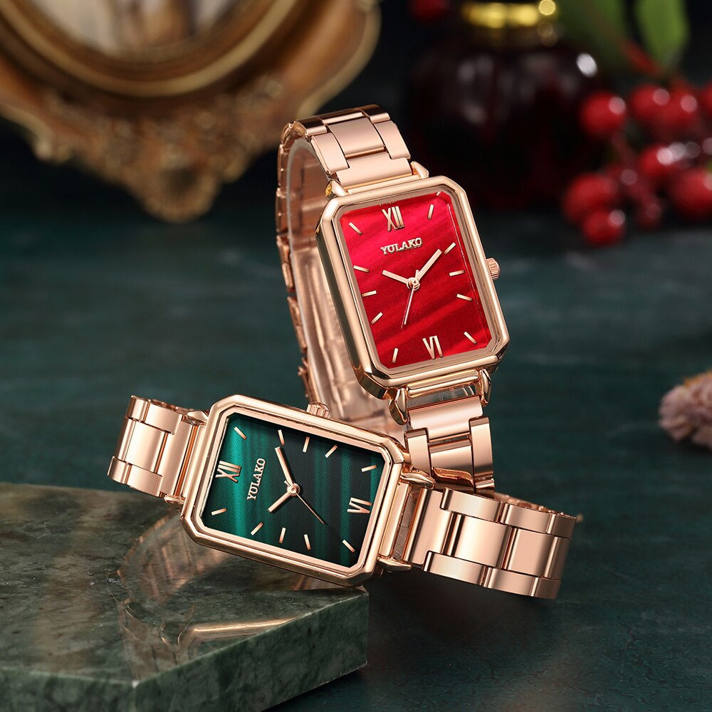 Klasyczna marka zegarek damski ze stali nierdzewnej prostokąt zielone modne zegarki damskie różowo-złoty kwarc bransoletka robić zegarka na rękę