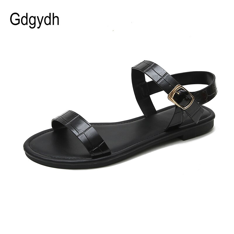 Gdgydh flade sandaler åben tå ankelrem spænder kvinder sko sommer kvindelige sandaler slangeskind blødt lædersandaler sort