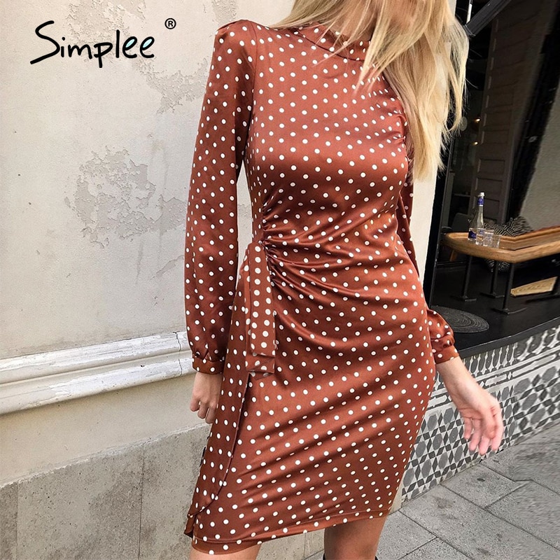 Simplee rund hals prikkete kjole sexy lanterne solid kjole løs høst kvinner elegant lang fest midikjole