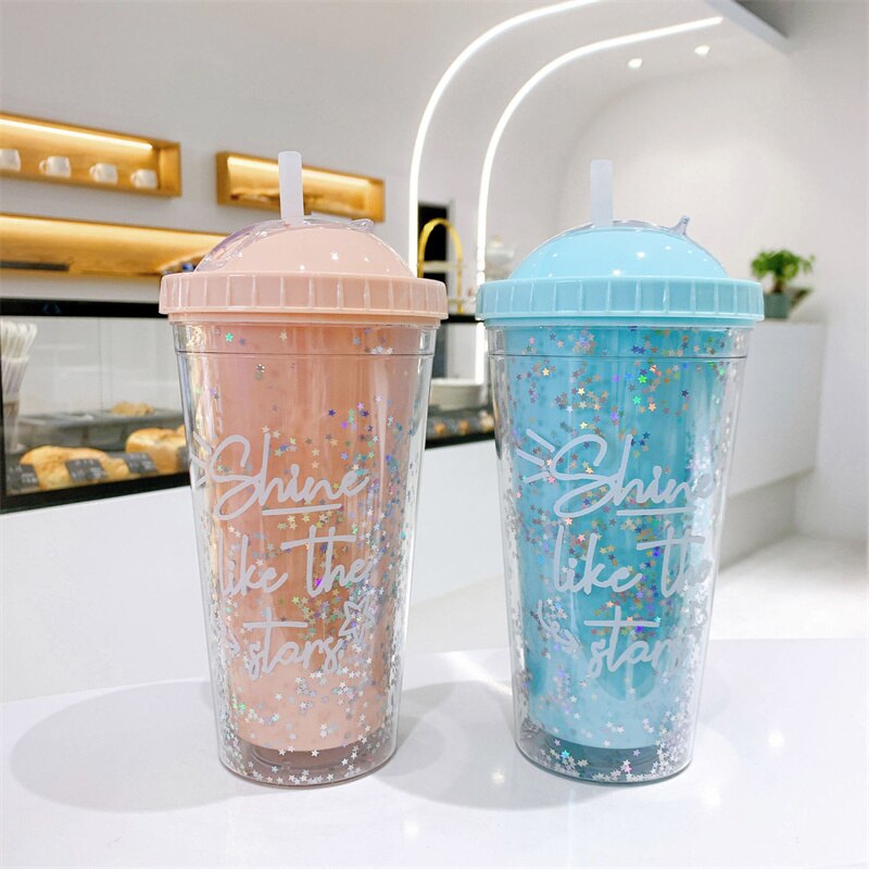Straw Cup Double Layer Eco-Friendly Plastic Drinkware Ins Girl Water Cup Anti-fall Milk Coffee Cups For Home Office J170