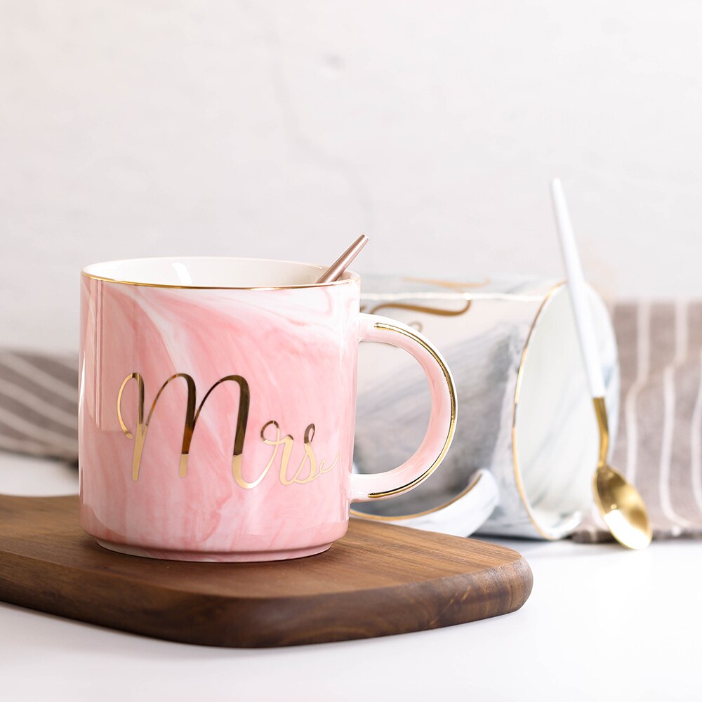 380ml Marble Ceramic Mug Travel Coffee Mug Milk Tea Cups Mr and Mrs Mugs Pink Gold Inlay Breakfast Home Decor