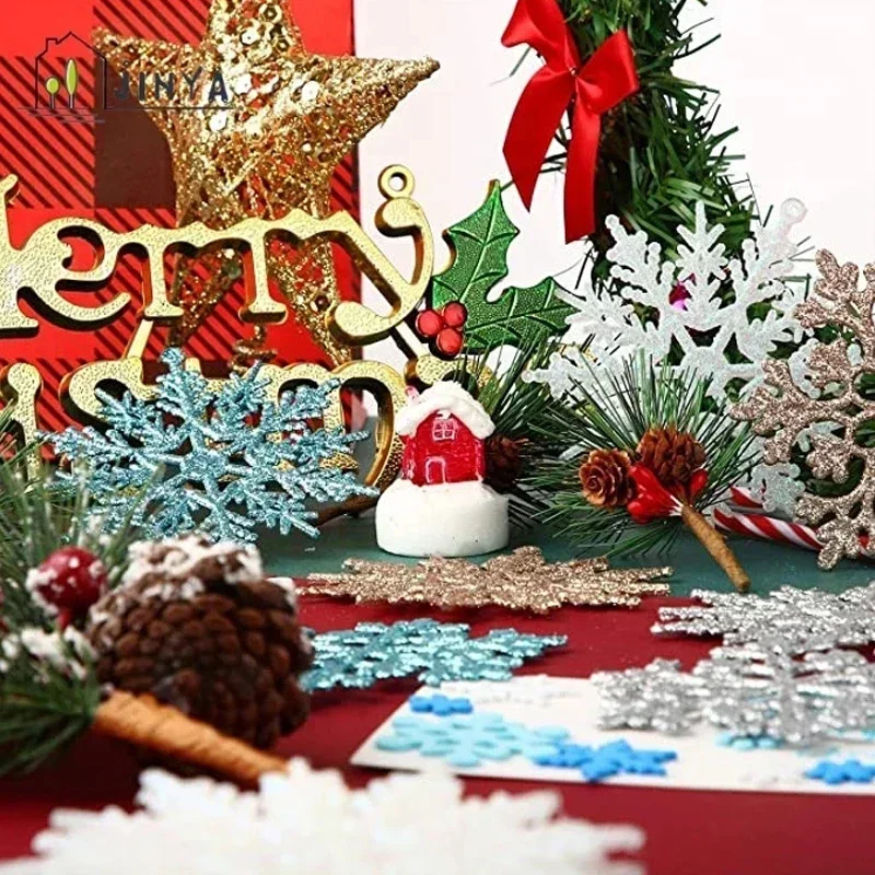 Pack Of 24/12/6 Pieces Snowflakes For Christmas Tree Decoration Blue Snowflakes With Bright Powder Winter Year Hanging Decor