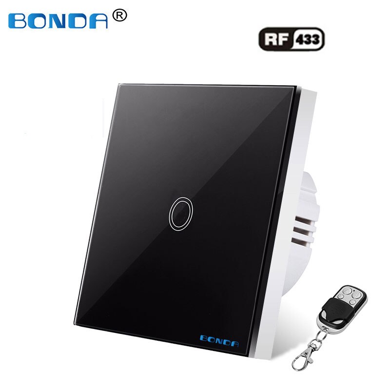 Bonda Wall Switch, Eu Standaard, Wit Kristal, Gehard Glas Panel, Touch Schakelaar, touch Screen Remote Contro Ac220v, 1Gang 1way: RF black 1